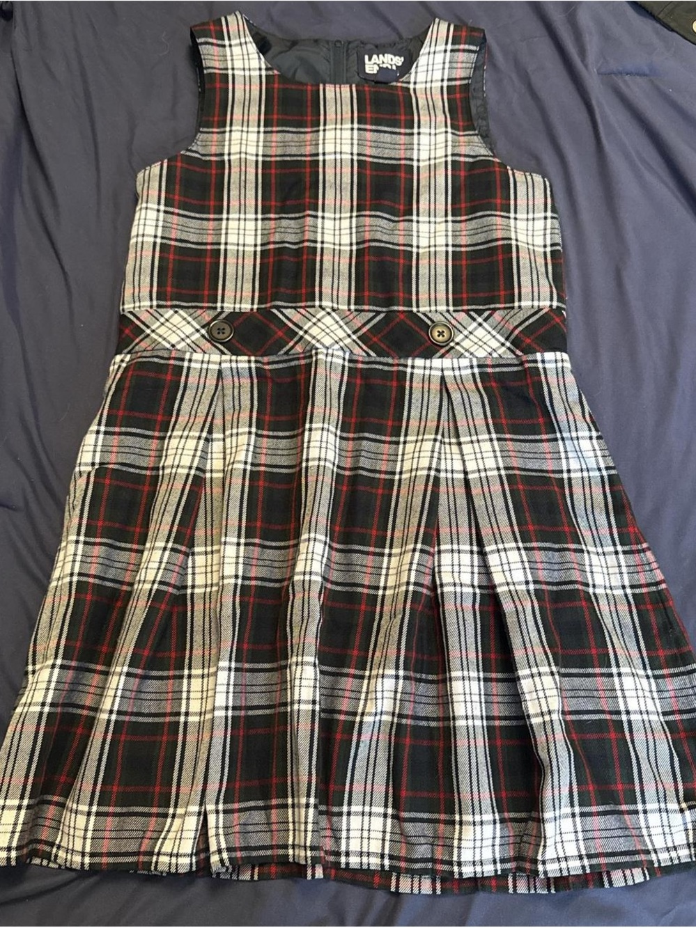 Lands' End Black, White & Red Plaid Pleated Jumper Dress